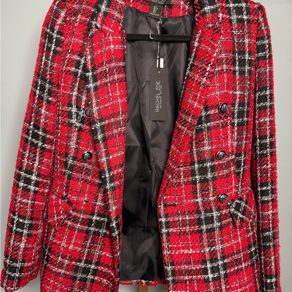 Rachel Zoe Red and Black Plaid Blazer with Notched Lapels - Picture 5 of 7